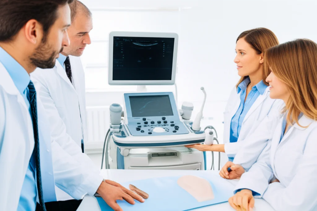 Gruppo di medici di medicina generale durante una sessione di formazione pratica sull'ecografia addominale, focalizzati su un modello anatomico e un ecografo portatile, con un istruttore esperto che fornisce indicazioni. Ambiente di un centro di simulazione medica, obiettivo 50mm, illuminazione controllata e brillante, dettagli precisi sui volti concentrati e sull'attrezzatura.