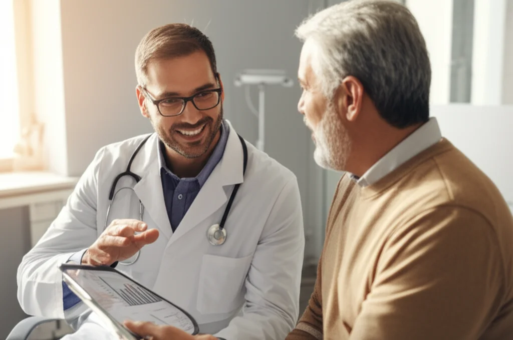 Un medico sorridente che discute i risultati di un test con un paziente in un ambiente clinico luminoso e moderno, utilizzando un tablet che mostra grafici chiari. L'immagine dovrebbe trasmettere speranza e collaborazione. Obiettivo prime da 35mm, profondità di campo per mettere a fuoco i volti, toni caldi.