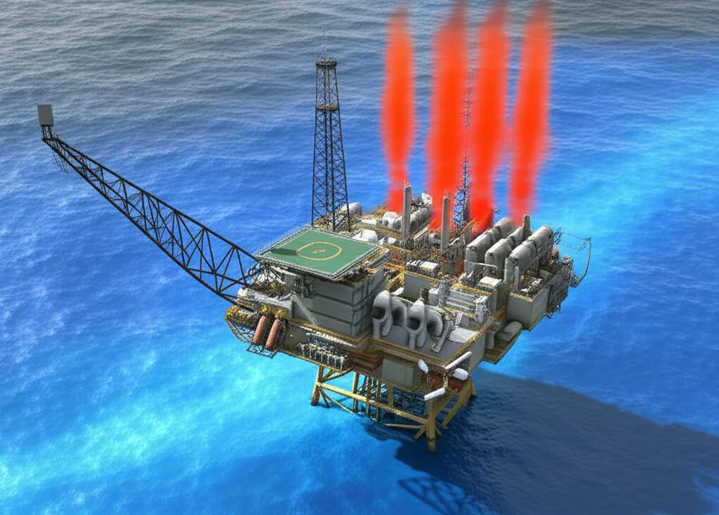 Visualizzazione 3D di una piattaforma di produzione di idrogeno offshore nel Mare del Nord, con pennacchi di calore rosso-arancio e salamoia bluastro che si disperdono nell'acqua circostante. Obiettivo macro 80mm, alta definizione, illuminazione controllata per evidenziare le differenze di densità dell'acqua, con piccole onde sulla superficie.