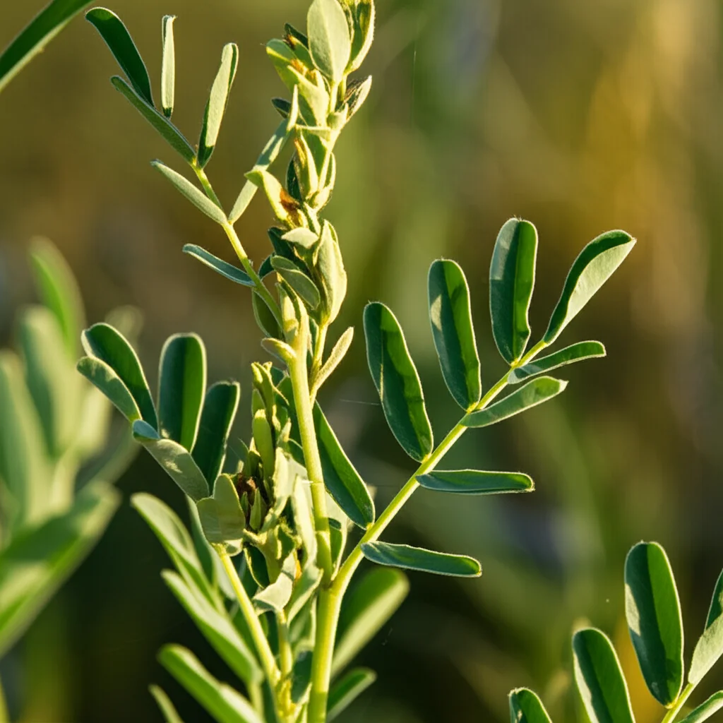 Pianta di Astragalus membranaceus in un campo, leggermente sofferente per la siccità, fotografia macro con obiettivo da 90mm, alta definizione, messa a fuoco precisa sui dettagli delle foglie, illuminazione naturale controllata che evidenzia la texture della pianta.
