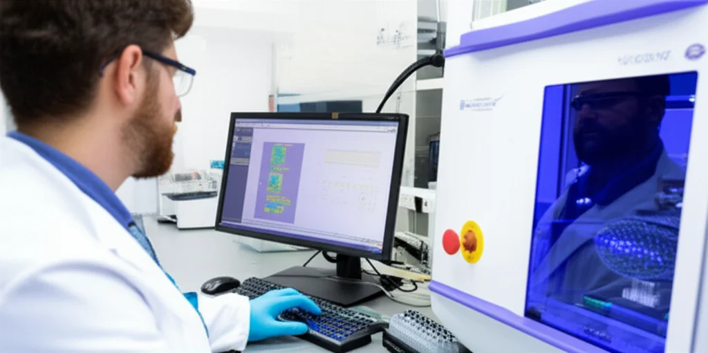 Immagine fotorealistica di un laboratorio di biologia molecolare avanzato. In primo piano, un tecnico di laboratorio che carica campioni in una macchina per il sequenziamento di nuova generazione (NGS). Schermi mostrano grafici di dati genomici. Obiettivo 35mm, profondità di campo, illuminazione da laboratorio brillante.