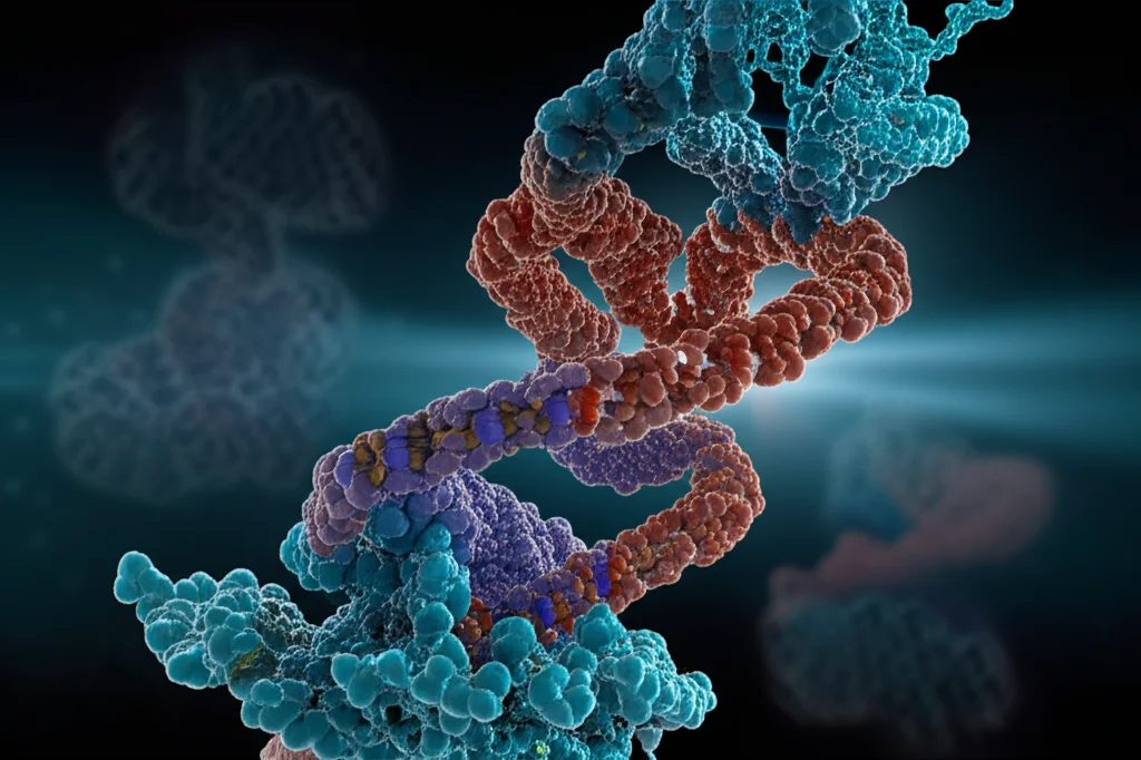 Visualizzazione 3D di proteine WRKY che interagiscono con un filamento di DNA, sfondo astratto con elementi cellulari, illuminazione da studio per evidenziare le strutture proteiche, obiettivo macro 100mm, alta definizione.
