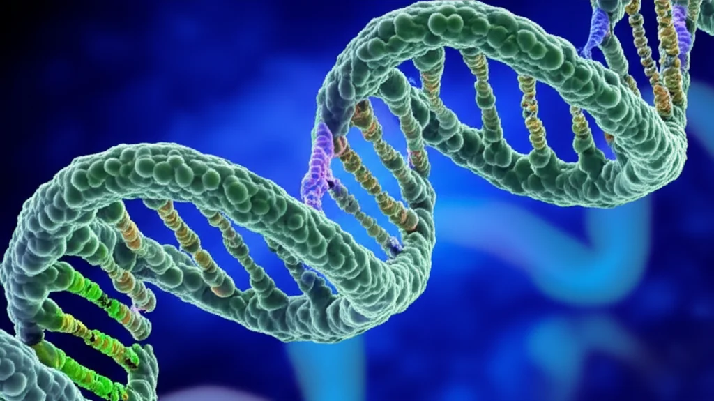 Visualizzazione 3D di una doppia elica di DNA con geni evidenziati, alcuni dei quali rappresentano la famiglia bHLH, con uno zoom su un fattore di trascrizione bHLH che si lega al DNA. Sfondo astratto bio-tecnologico, illuminazione drammatica, obiettivo macro 100mm per dettaglio sulla struttura proteica.