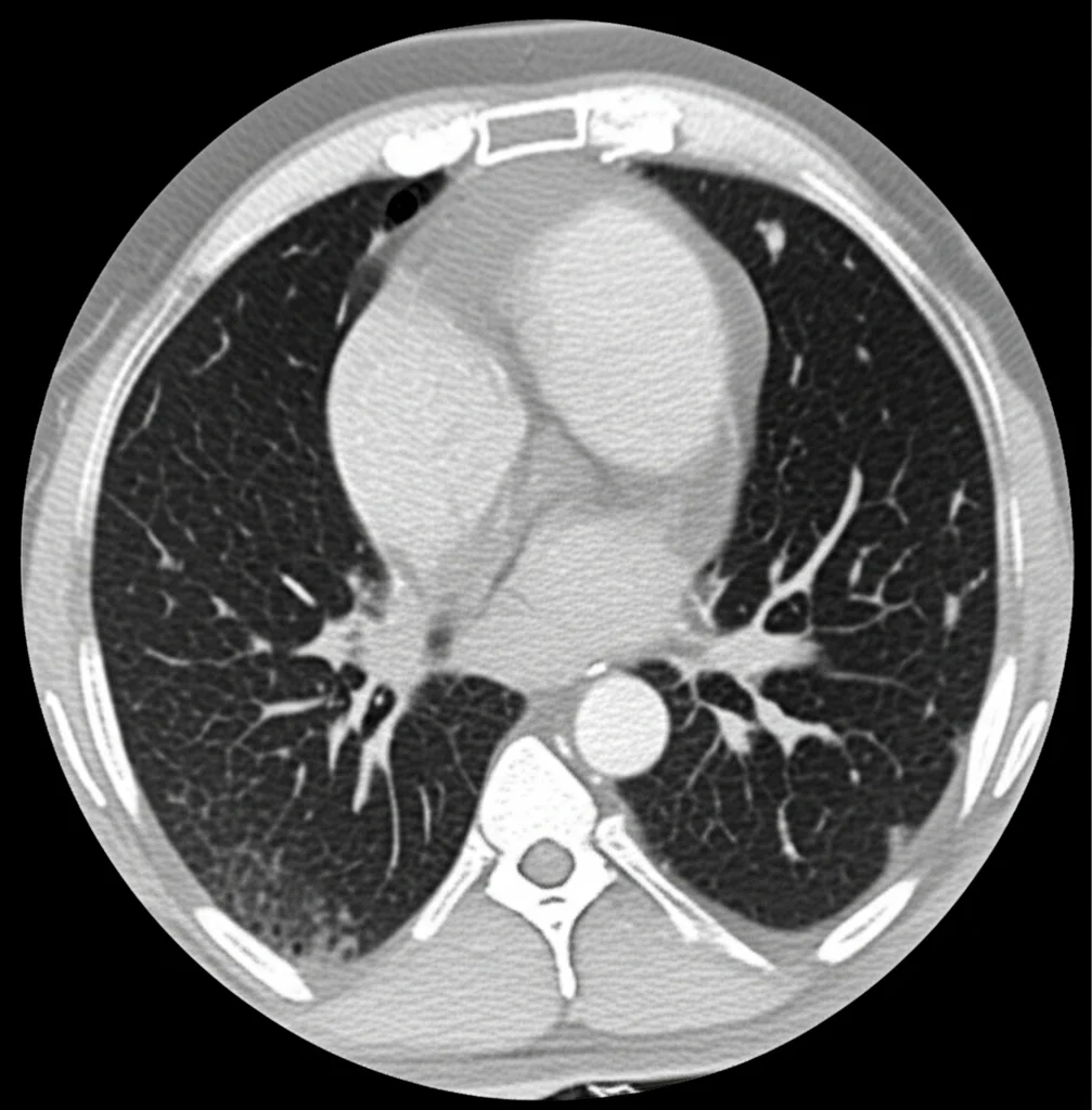 Immagine fotorealistica di due scansioni TC affiancate che mostrano un timoma prima e dopo il trattamento con prednisone; la riduzione del tumore è evidente. Obiettivo prime, 35mm, profondità di campo, illuminazione da studio controllata per evidenziare i dettagli medici.