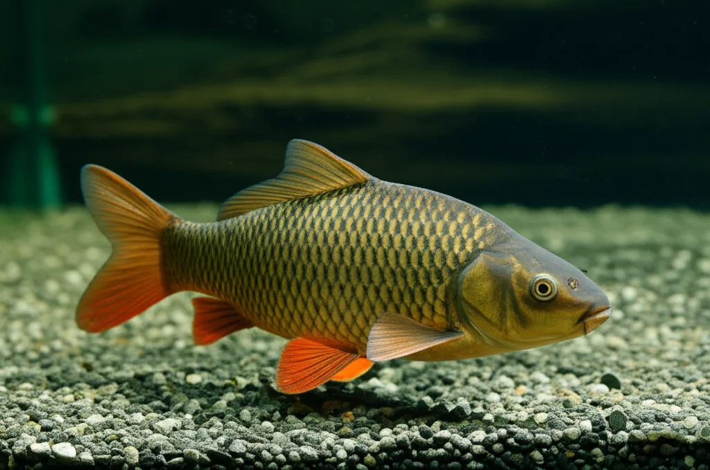 Primo piano di una carpa di roccia (Procypris rabaudi) che nuota vicino a un substrato roccioso in un acquario ben illuminato, che simula il suo habitat naturale nel Fiume Azzurro. Macro lens, 100mm, alta definizione, illuminazione controllata per evidenziare le scaglie e i dettagli del pesce.