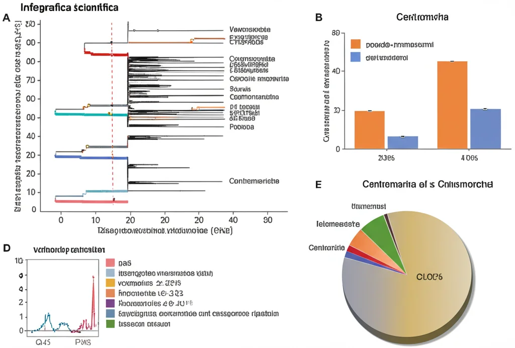 Infografica scientifica che mostra una rappresentazione stilizzata dei 50 pseudo-cromosomi della carpa di roccia, con evidenziate le regioni telomeriche e centromeriche. Accanto, grafici a torta che illustrano la percentuale di geni funzionali e la composizione delle sequenze ripetute. Wide-angle, 10-24mm, per una visione d'insieme, con elementi grafici chiari e testo esplicativo.