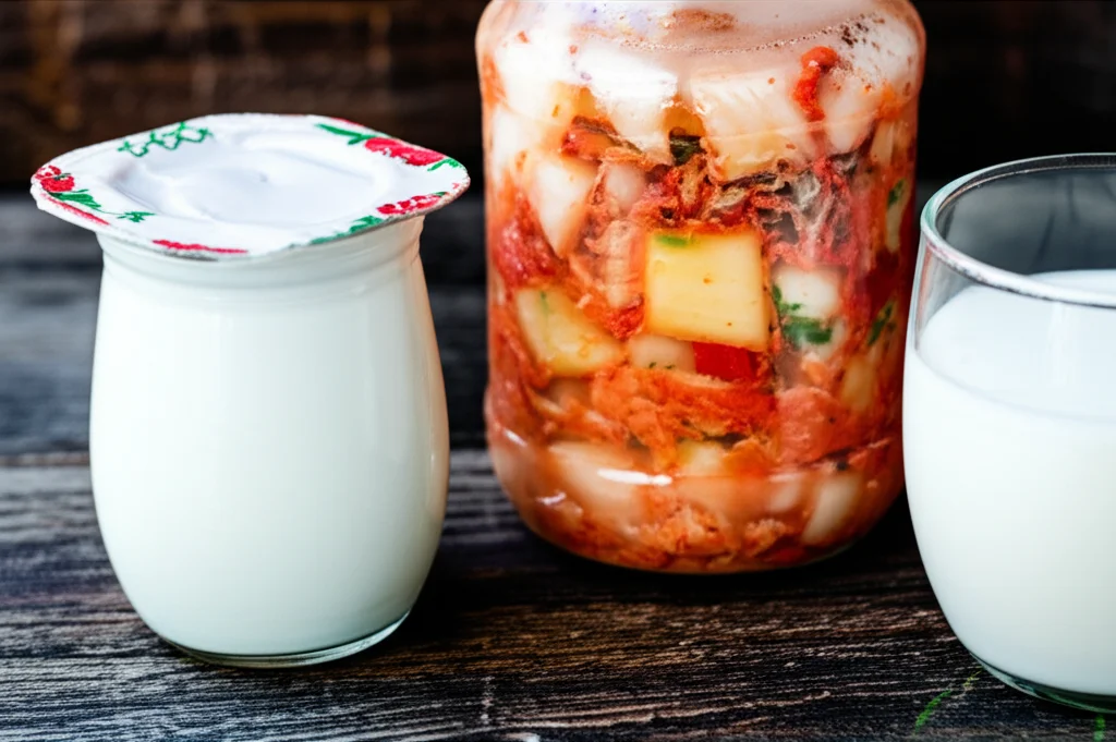 Una composizione di alimenti ricchi di microbi vivi: un vasetto di yogurt bianco naturale, un pezzo di formaggio fermentato, un barattolo di kimchi colorato e un bicchiere di kefir. Macro lens, 100mm, high detail, precise focusing, controlled lighting per esaltare le texture e i colori vivaci degli alimenti.
