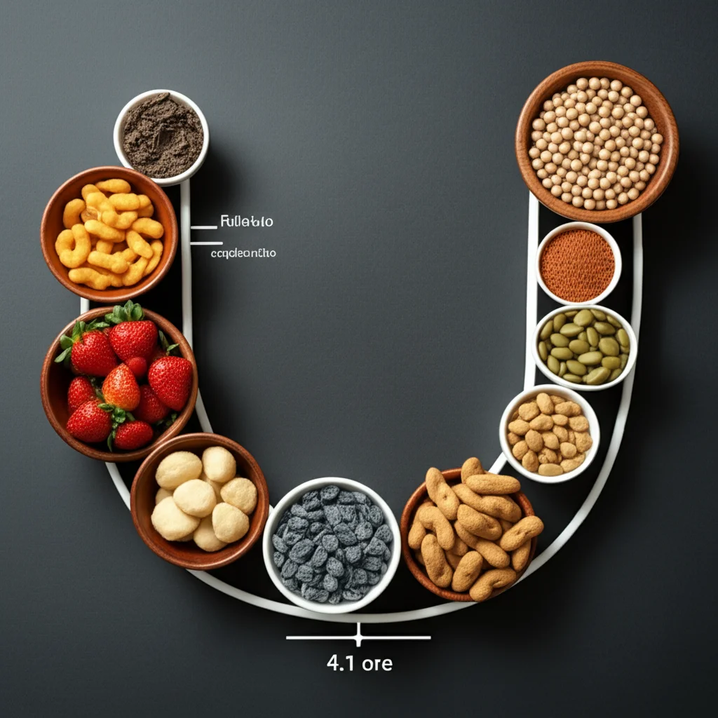 Un grafico stilizzato che mostra una curva a forma di 'U' per il rischio di mortalità in relazione alle ore di sedentarietà, con un punto di minimo a 4.1 ore. Accanto, icone che rappresentano alimenti probiotici. Wide-angle, 24mm, sharp focus, con colori contrastanti per evidenziare la curva e le icone.