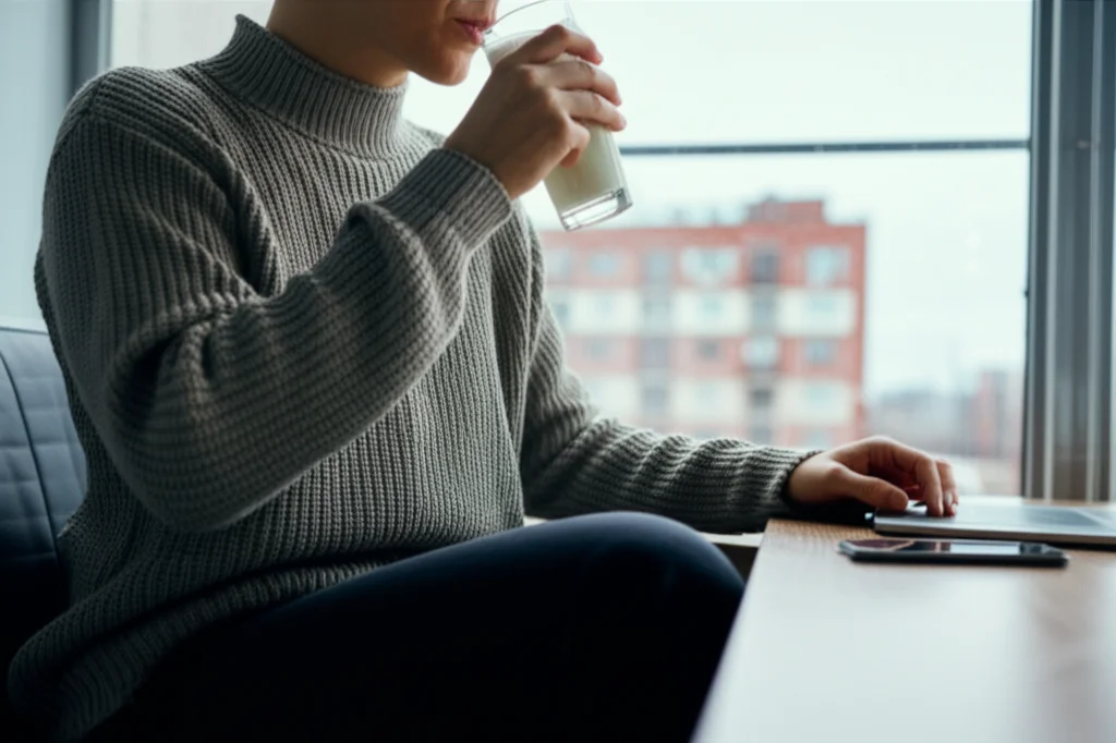 Una persona seduta a una scrivania d'ufficio che sorseggia uno yogurt o un kefir da un bicchiere, con una finestra che mostra un paesaggio urbano. Prime lens, 35mm, depth of field, luce da ufficio leggermente fredda ma con un tocco di luce naturale dalla finestra.