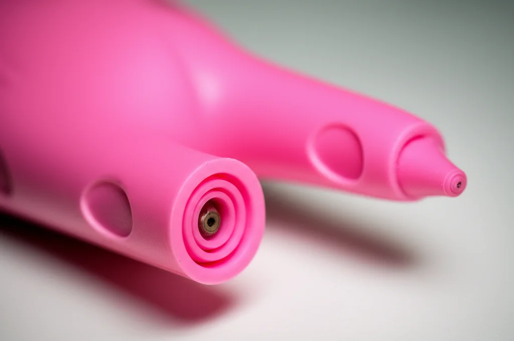 Un primo piano macro della lingua robotica di BabyBot, realizzata in silicone rosa pallido, che mostra le camere pneumatiche interne. L'illuminazione è controllata e precisa, mettendo in evidenza i dettagli della texture. Obiettivo macro 90mm, alta definizione.