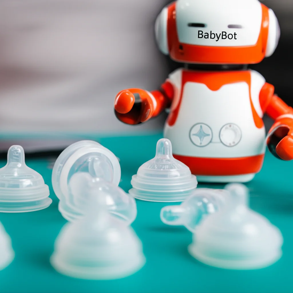 Fotografia di diverse tettarelle per biberon disposte su un tavolo da laboratorio accanto a BabyBot. Luce da studio controllata, obiettivo macro 100mm per dettagli nitidi sulle tettarelle e sul meccanismo della bocca del robot.