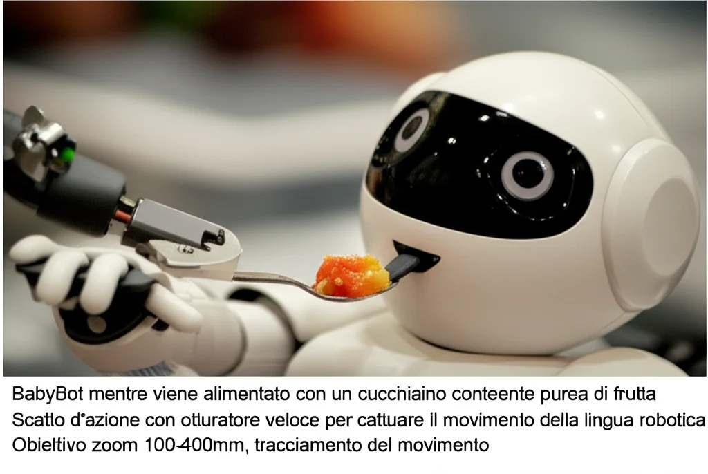 BabyBot mentre viene alimentato con un cucchiaino contenente purea di frutta. Scatto d'azione con otturatore veloce per catturare il movimento della lingua robotica. Obiettivo zoom 100-400mm, tracciamento del movimento.
