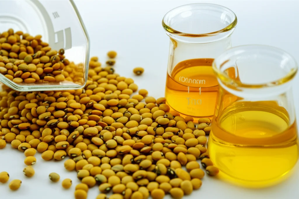 Macro fotografia di fagioli matpe (Vigna aconitifolia) su una superficie pulita, con accanto piccoli becher contenenti idrolizzati proteici di diverse tonalità dorate, lente macro 100mm, alta definizione, messa a fuoco precisa, illuminazione da studio controllata per esaltare texture e colori.