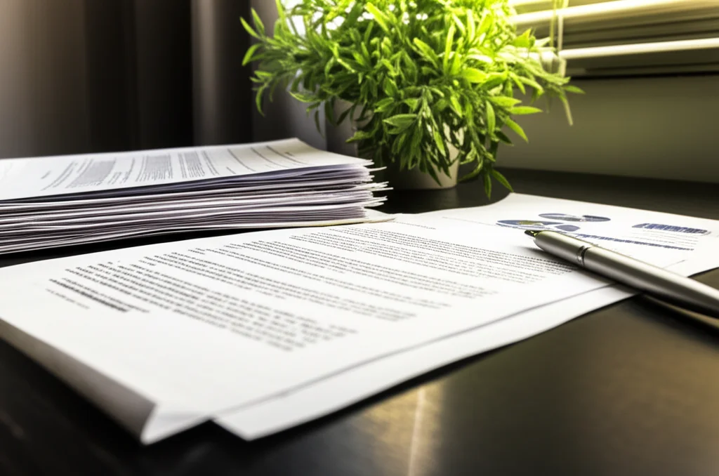 Un primo piano di documenti finanziari sparsi su una scrivania elegante in un ufficio moderno, con una pianta verde rigogliosa in un angolo che simboleggia la sostenibilità. Lente prime da 35mm, profondità di campo per mettere a fuoco i documenti ma sfocare leggermente la pianta, illuminazione da ufficio controllata ma con un tocco di luce naturale laterale, stile film noir con contrasti accentuati.