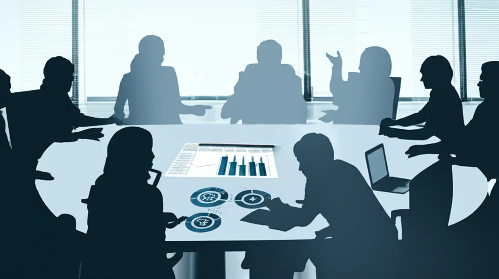 Fotografia di un moderno tavolo da sala riunioni con diverse sedie, alcune occupate da figure femminili e maschili stilizzate o sagome che suggeriscono una riunione collaborativa. Una luce soffusa illumina il centro del tavolo dove sono poggiati dei documenti con grafici e simboli di sostenibilità. Lente zoom 24-70mm impostata sui 35mm, luce soffusa da finestra laterale, atmosfera professionale e costruttiva, duotone blu e grigio per un look sofisticato.