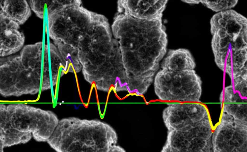 Immagine scientifica astratta che mostra un voltammogramma ciclico stilizzato con picchi colorati su sfondo scuro, sovrapposto a una micrografia di peptidi, lente macro 60mm, illuminazione controllata per evidenziare i dettagli grafici e la texture dei peptidi.