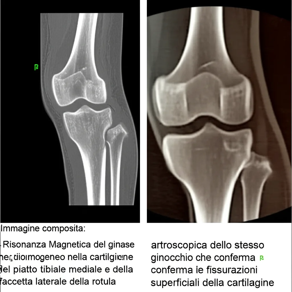 Immagine composita: a sinistra, una Risonanza Magnetica del ginocchio, T2 phase, che mostra un segnale disomogeneo nella cartilagine del piatto tibiale mediale e della faccetta laterale della rotula; a destra, una visione artroscopica dello stesso ginocchio che conferma le fissurazioni superficiali della cartilagine, high detail, medical imaging style.