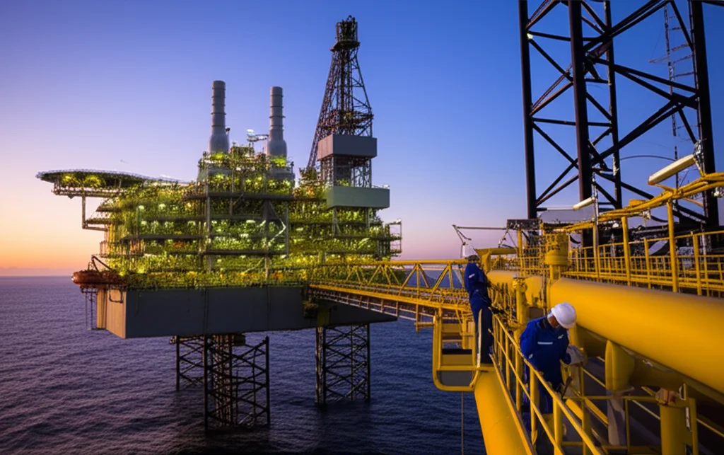 Immagine fotorealistica di una piattaforma petrolifera offshore al tramonto, con ingegneri in tuta da lavoro che ispezionano valvole e tubature. Utilizzare un obiettivo grandangolare da 15mm per catturare l'ampiezza della struttura e l'ambiente circostante, con una lunga esposizione per rendere il mare liscio e il cielo con colori intensi. Focus nitido sull'interazione tra uomo e macchina in un contesto industriale complesso.