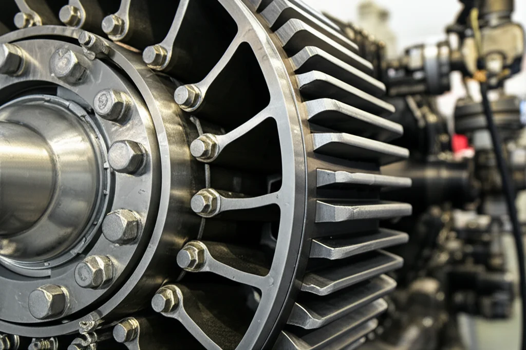 Fotografia macro di una sezione di un compressore industriale in un impianto oil e gas, con dettagli precisi sulle alette di raffreddamento e sulle connessioni. Lunghezza focale 100mm, illuminazione controllata per evidenziare le texture metalliche e le gocce di condensa. Alta definizione per mostrare l'usura minima grazie a una buona manutenzione.