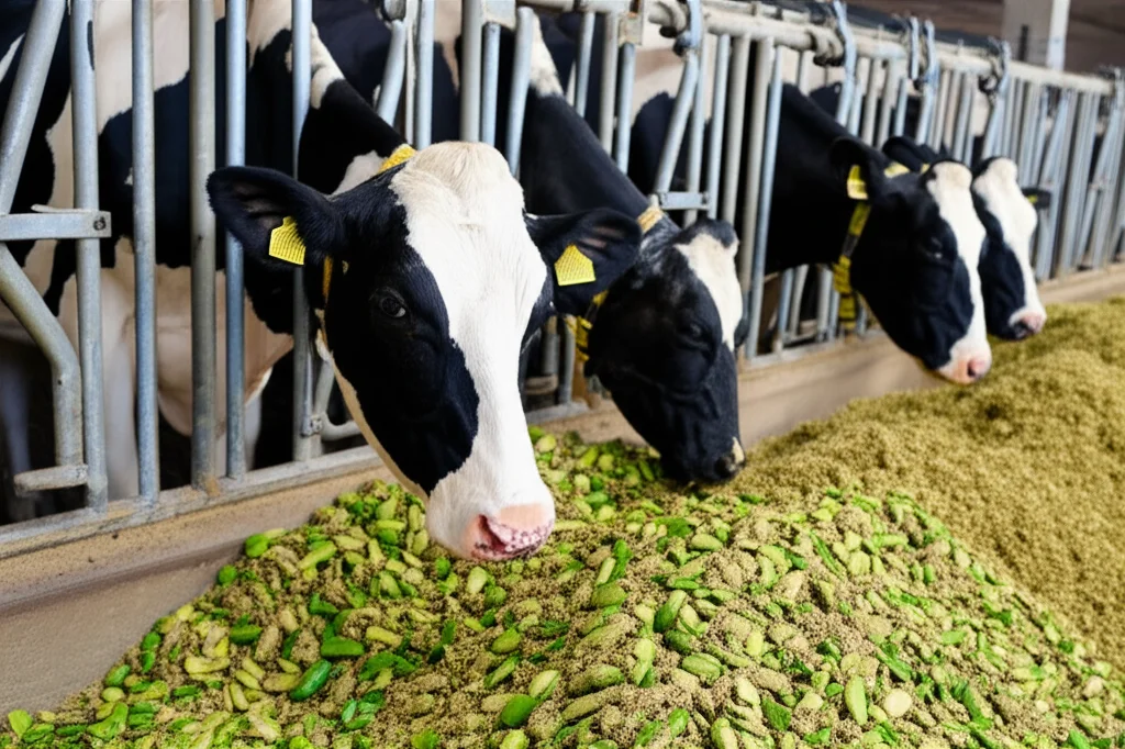 Teleotdo zoom scatto di una mucca da latte sana in un fienile moderno pulito e ben illuminato, mangiando da una depressione contenente mangime mista con piccoli pezzi visibili di mango secchi e sottoprodotti di avocado, lunghezza focale di 150 mm, velocità dell'otturatore rapida per catturare movimenti naturali, enfatizzando l'agricoltura sostenibile e il benessere degli animali.