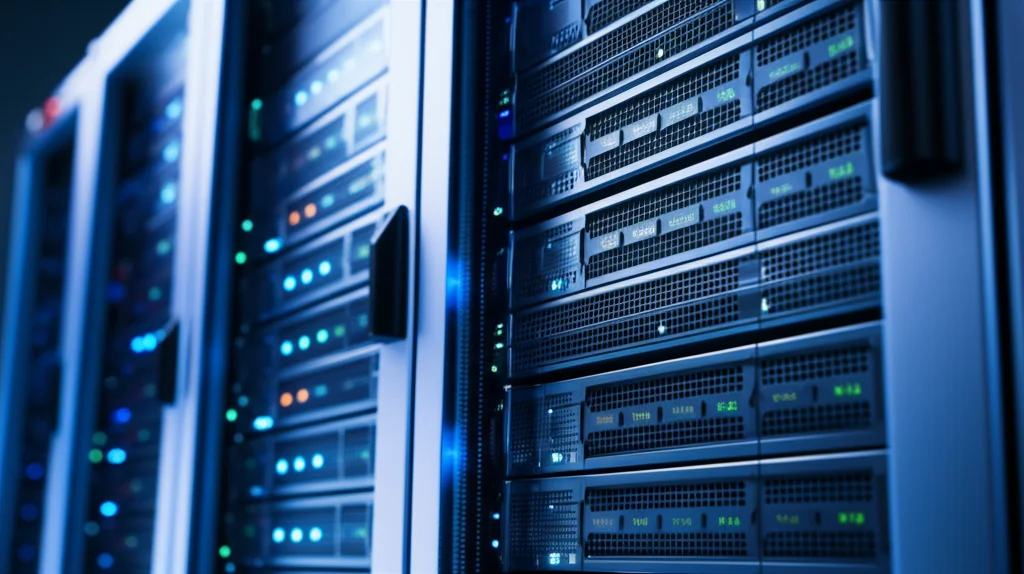 Un data center edge compatto e futuristico, con server illuminati da LED blu che elaborano flussi di dati IoT in real-time. Macro lens, 85mm, high detail, precise focusing, controlled lighting, duotone blu e grigio.