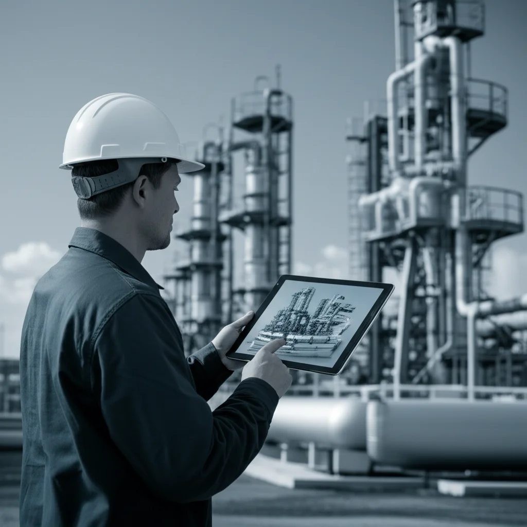 Un modello 3D BIM (Building Information Modeling) di un'unità di processo mobile in un impianto oil e gas, visualizzato su un tablet tenuto da un ingegnere in cantiere. L'immagine deve essere fotorealistica, con un obiettivo da 35mm per un ritratto ambientale, mostrando l'ingegnere e il modello 3D in dettaglio, con lo sfondo dell'impianto leggermente sfocato per profondità di campo. Colori duotone blu e grigio per un look tecnico e moderno.