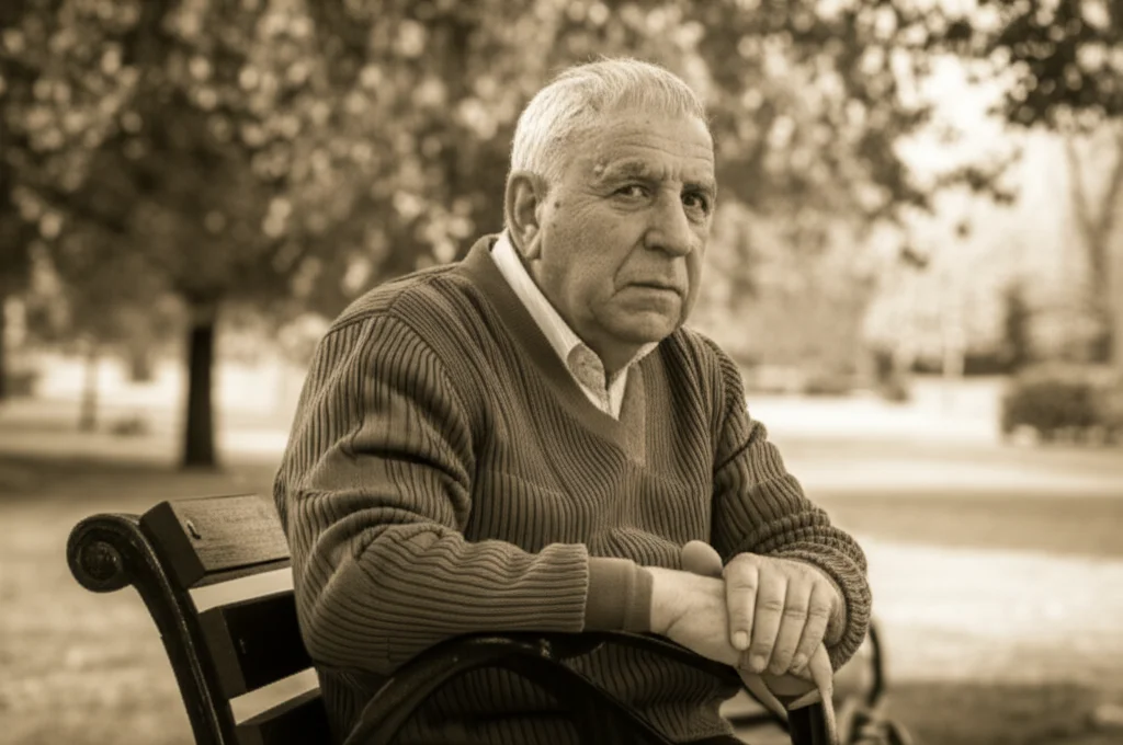 Un uomo anziano, dall'aspetto pensieroso ma resiliente, seduto su una panca in un parco tranquillo, con luce mattutina filtrata dagli alberi. L'immagine dovrebbe trasmettere un senso di riflessione sulla salute e il benessere. Utilizzare un obiettivo da ritratto, 35mm, con una leggera profondità di campo per focalizzare l'attenzione sull'espressione del soggetto. Stile fotografico realistico, quasi documentaristico, duotone seppia e grigio.