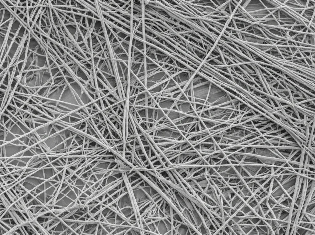 Macro fotografia di una membrana PLLA@Ga elettrofilata, con fibre sottili e interconnesse visibili in dettaglio. L'illuminazione è controllata per evidenziare la texture porosa, lunghezza focale 90mm, suggerendo la sua somiglianza con la matrice extracellulare della pelle.