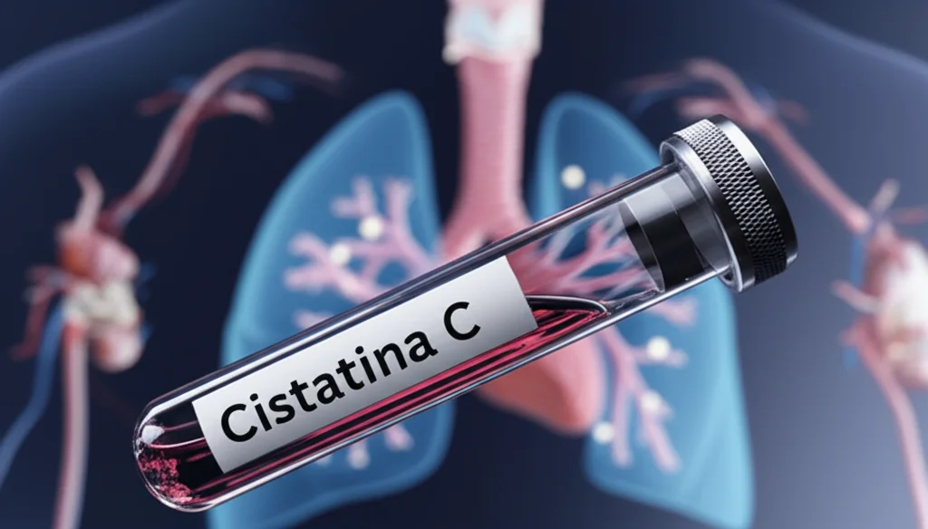 Un'immagine macro ad alto dettaglio di una fiala di sangue con focus sulla cistatina C, rappresentata simbolicamente come piccole particelle illuminate. Sullo sfondo, in maniera sfocata, un modello anatomico di polmoni e reni. Illuminazione da laboratorio controllata, obiettivo macro 100mm.