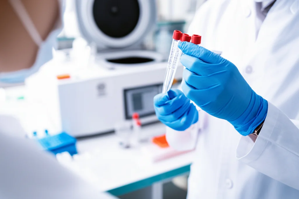 Un laboratorio scientifico moderno, un tecnico di laboratorio in camice bianco e guanti che maneggia provette con un macchinario PCR per l'analisi genica del COVID-19 in background. Obiettivo macro da 60mm, alta definizione, illuminazione controllata da laboratorio, focus preciso sulle provette contenenti campioni biologici.