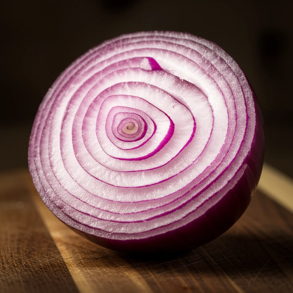 Macro fotografia di una cipolla rossa tagliata a metà su un tagliere di legno scuro, illuminazione laterale controllata per esaltare la texture e i dettagli degli strati interni, obiettivo macro 90mm, alta definizione, messa a fuoco precisa sugli strati.