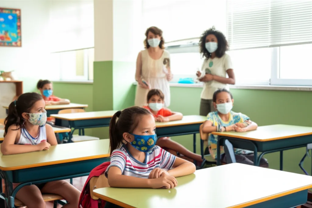 Un'aula scolastica colorata e vivace, bambini piccoli (età 5-7 anni) seduti ai loro banchi durante una lezione, alcuni con mascherine chirurgiche colorate, un'insegnante sullo sfondo che interagisce con loro. Obiettivo zoom 24-35mm, luce naturale proveniente dalle finestre, atmosfera serena ma attenta, profondità di campo media.