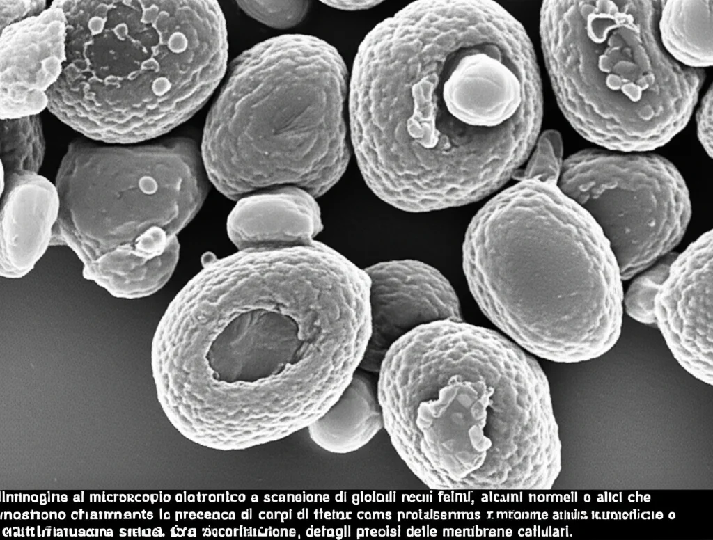 Immagine al microscopio elettronico a scansione di globuli rossi felini, alcuni normali e altri che mostrano chiaramente la presenza di corpi di Heinz come protuberanze sulla superficie e cellule fantasma svuotate, alta definizione, dettagli precisi delle membrane cellulari.