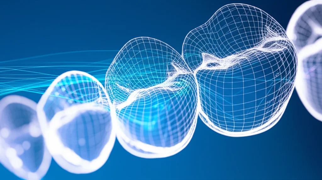 Immagine macro di un modello 3D di una radice dentale visualizzata su uno schermo di computer, con sottili linee digitali che ne evidenziano il contorno per la segmentazione. Illuminazione da studio controllata, alta definizione dei dettagli della radice, focus preciso sulla struttura. Lente macro 100mm.
