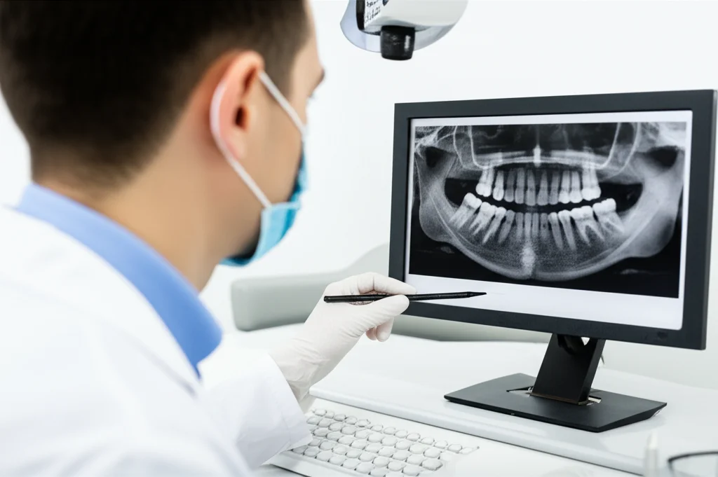 Primo piano di un ortodontista che analizza attentamente un'immagine CBCT 3D di una dentatura su un monitor ad alta risoluzione. L'immagine mostra chiaramente le radici dei denti. L'ambiente è uno studio dentistico moderno e luminoso. Lente prime 50mm, profondità di campo che mette a fuoco il monitor e sfoca leggermente lo sfondo.