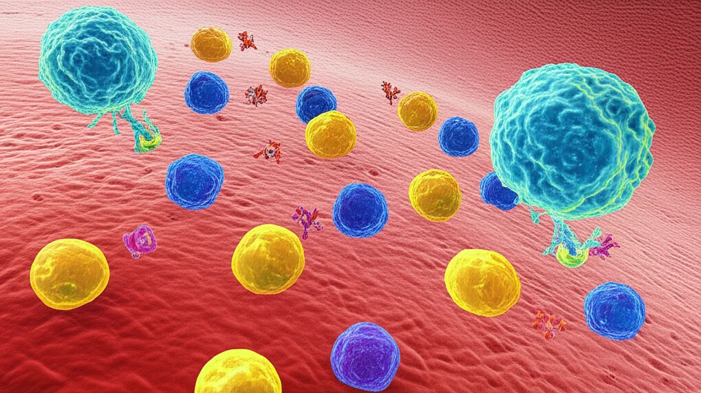 Illustrazione scientifica che mostra cellule immunitarie (linfociti T, cellule B) e citochine (molecole proteiche stilizzate) che interagiscono sulla superficie oculare e nei vasi sanguigni. Lente macro 100mm, illuminazione drammatica per enfatizzare le interazioni, colori vivaci per le citochine e più tenui per le cellule, sfondo con texture che ricorda la congiuntiva.