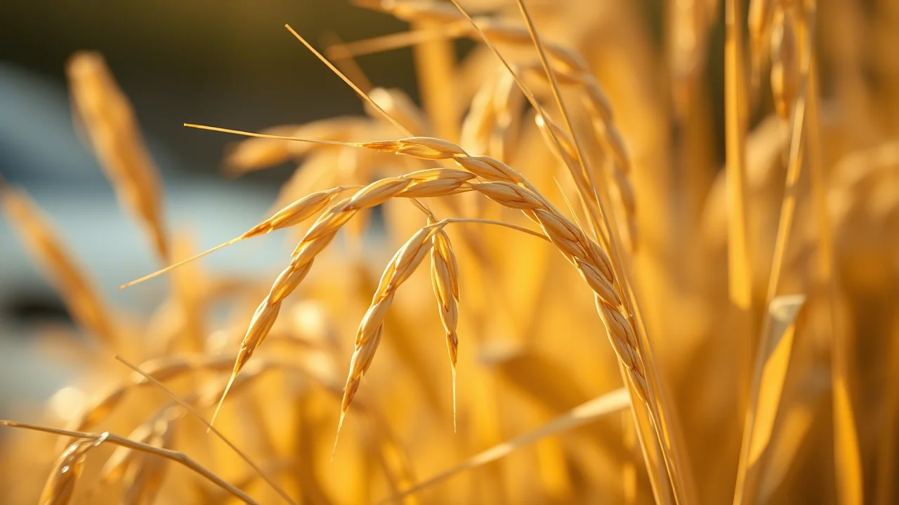 Lenti macro, 60 mm, dettagli elevati, messa a fuoco precisa, illuminazione controllata, primo piano di gambi di paglia di risaia in un campo dopo il raccolto, mostrando consistenza e colore dorato, alcuni gambi leggermente sfocati sullo sfondo per la profondità di campo.