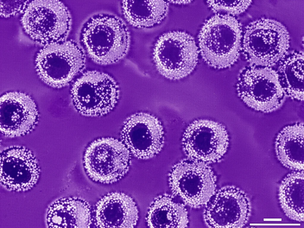 Immagine macro di cellule umane infettate dal virus Varicella-Zoster, con particelle virali visibili ingrandite. Obiettivo macro 100mm, alta definizione, illuminazione da laboratorio controllata, per evidenziare l'effetto citopatico del virus sulle cellule, con alcune cellule che appaiono arrotondate e danneggiate.