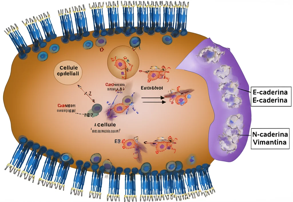 Schema illustrativo del processo di Transizione Epitelio-Mesenchimale (EMT) in cellule tumorali, con cellule epiteliali coese che si trasformano in cellule mesenchimali invasive. Evidenziare i marcatori E-caderina, N-caderina e Vimentina. Obiettivo grandangolare, 15mm, per una visione d'insieme del processo, con colori vivaci per distinguere i diversi stati cellulari.