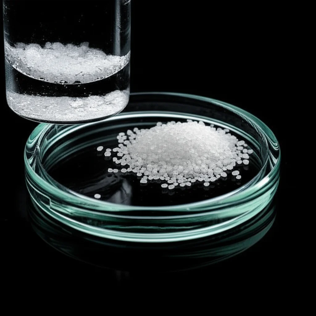 Fotografia still life di cristalli purificati di Alantolactone su una superficie di vetro da laboratorio, accanto a una fiala contenente una soluzione del composto. Obiettivo macro 60mm, messa a fuoco precisa sui cristalli, illuminazione laterale controllata per esaltare la texture dei cristalli e la trasparenza della fiala, sfondo scuro e pulito.