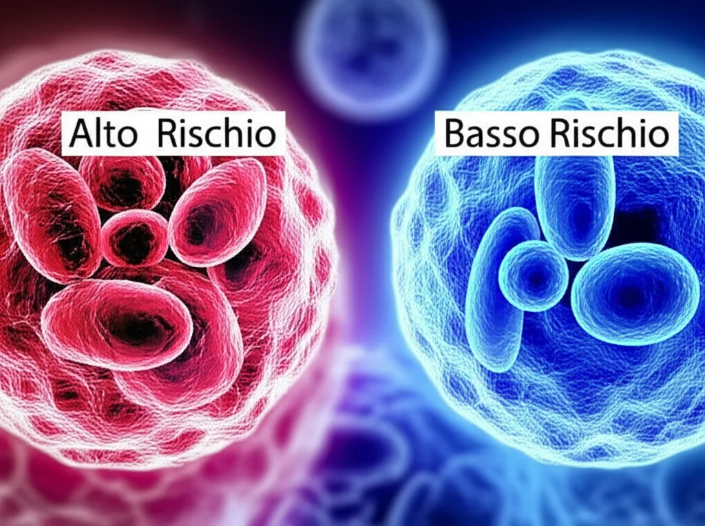 Un'immagine concettuale fotorealistica di due gruppi distinti di cellule tumorali stilizzate, una etichettata 'Alto Rischio' con un alone rosso e attività caotica, l'altra 'Basso Rischio' con un alone blu e aspetto più ordinato. Obiettivo prime 35mm, profondità di campo, duotone rosso e blu per contrasto.