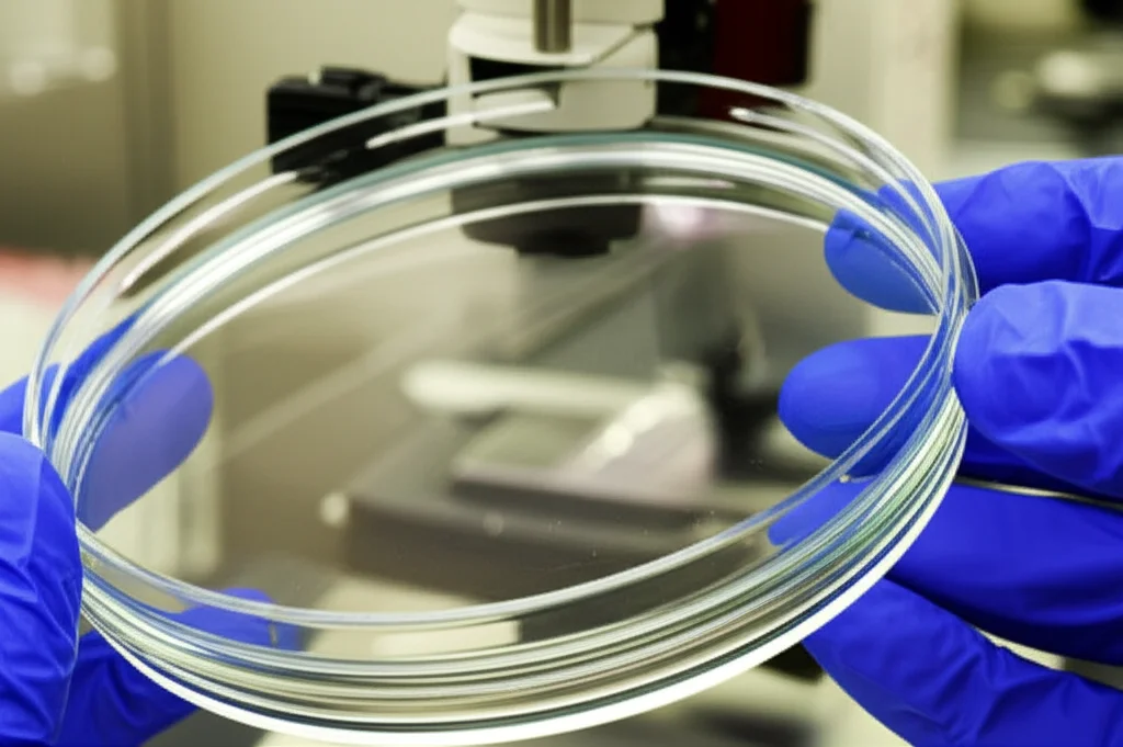 Immagine fotorealistica di laboratorio che mostra cellule PC-3 in una piastra di coltura sotto un microscopio a fluorescenza. Alcune cellule sovraesprimono CD38 e mostrano un'intensa fluorescenza verde (perossidazione lipidica con C11-BODIPY) e rossa (ioni ferrosi con FerroOrange), indicando ferroptosi. Obiettivo macro 60mm, illuminazione specifica per fluorescenza, alta definizione.