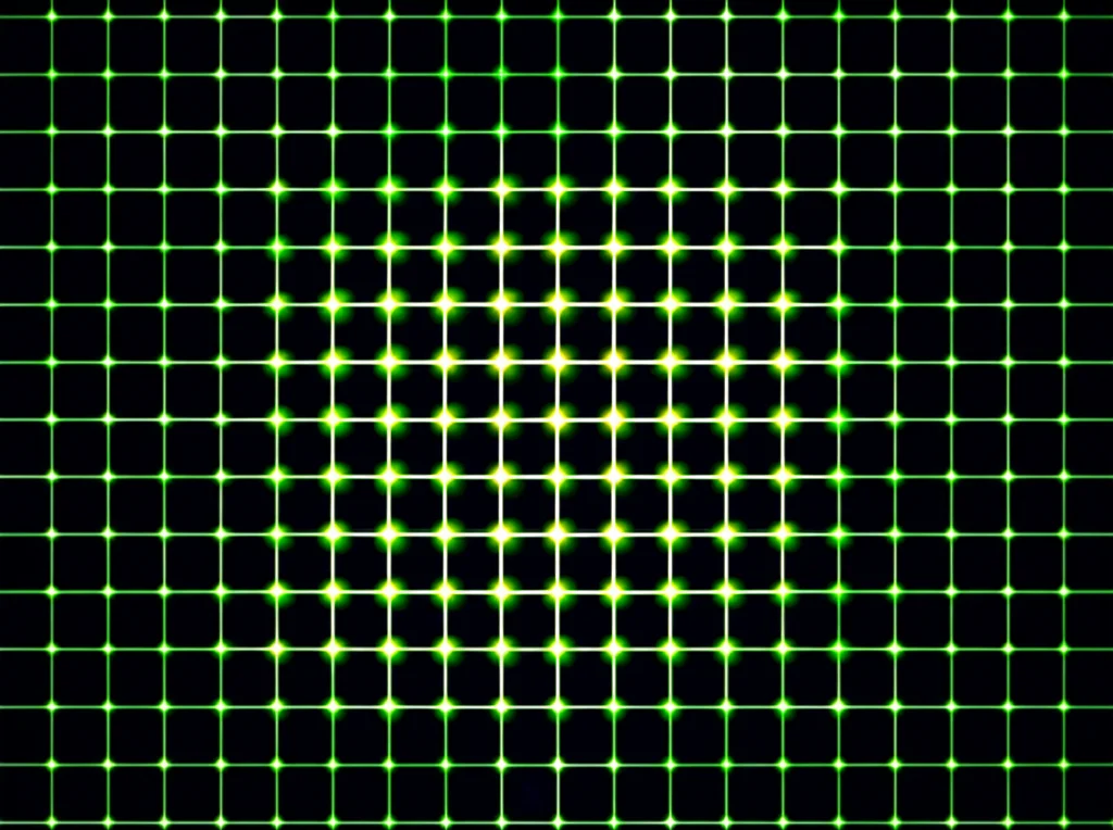 Visualizzazione astratta di una griglia di discretizzazione spaziale per un'equazione differenziale, con nodi luminosi che rappresentano i punti di calcolo, obiettivo macro 60mm, alta definizione, illuminazione controllata per evidenziare la struttura matematica e la precisione degli schemi a differenze finite compatte.