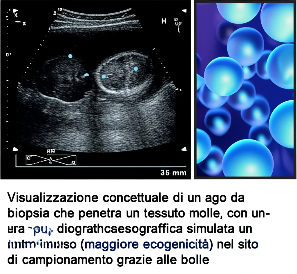 Visualizzazione concettuale di un ago da biopsia che penetra un tessuto molle, con un'aura di bolle di cavitazione attorno alla punta. Accanto, un'immagine ecografica simulata che mostra un punto luminoso (maggiore ecogenicità) nel sito di campionamento grazie alle bolle. Stile grafico medico, colori duotone blu e grigio, obiettivo prime 35mm, profondità di campo.