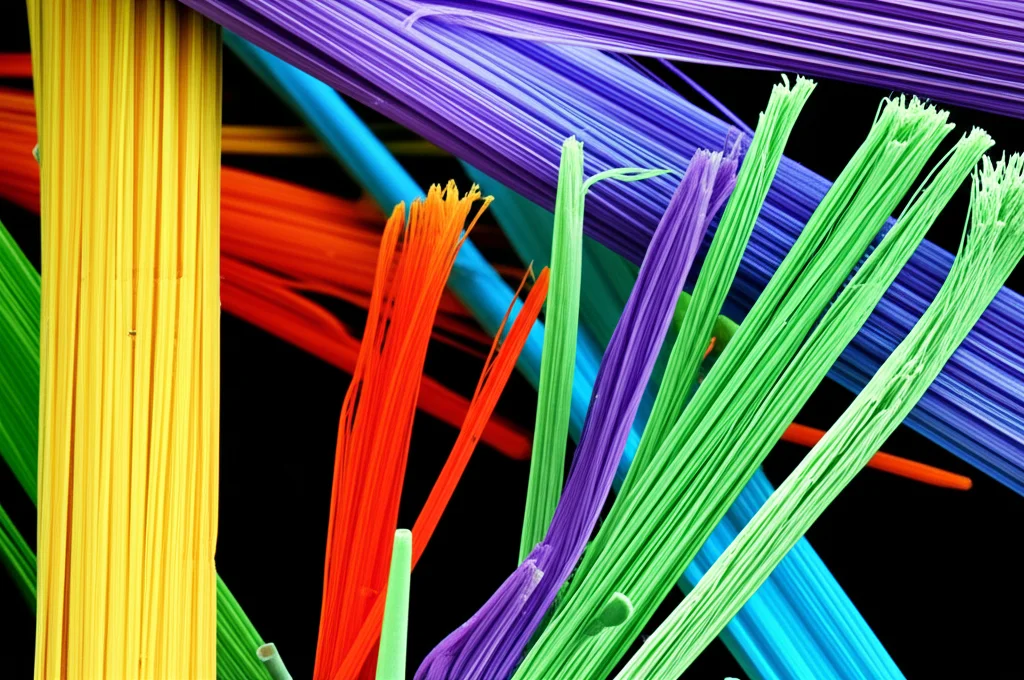 Macro fotografia, 100mm, di fibre high-tech di diversi colori e forme (cave, a fuso, a dente di sega) emergenti da un ugello di filatura, con bolle di gas visibili nel liquido di filatura, illuminazione da laboratorio controllata, alta definizione.