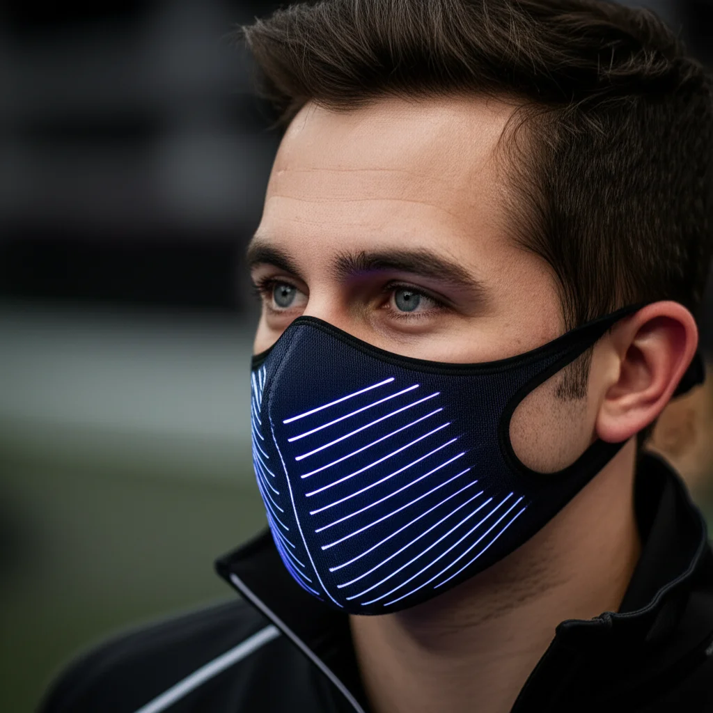 Fotografia sportiva, teleobiettivo 200mm, di una maschera smart indossata da una persona che respira, con sottili fibre luminose integrate nel tessuto che pulsano leggermente con il respiro, tracciamento del movimento, sfondo leggermente sfocato per enfasi sul soggetto.
