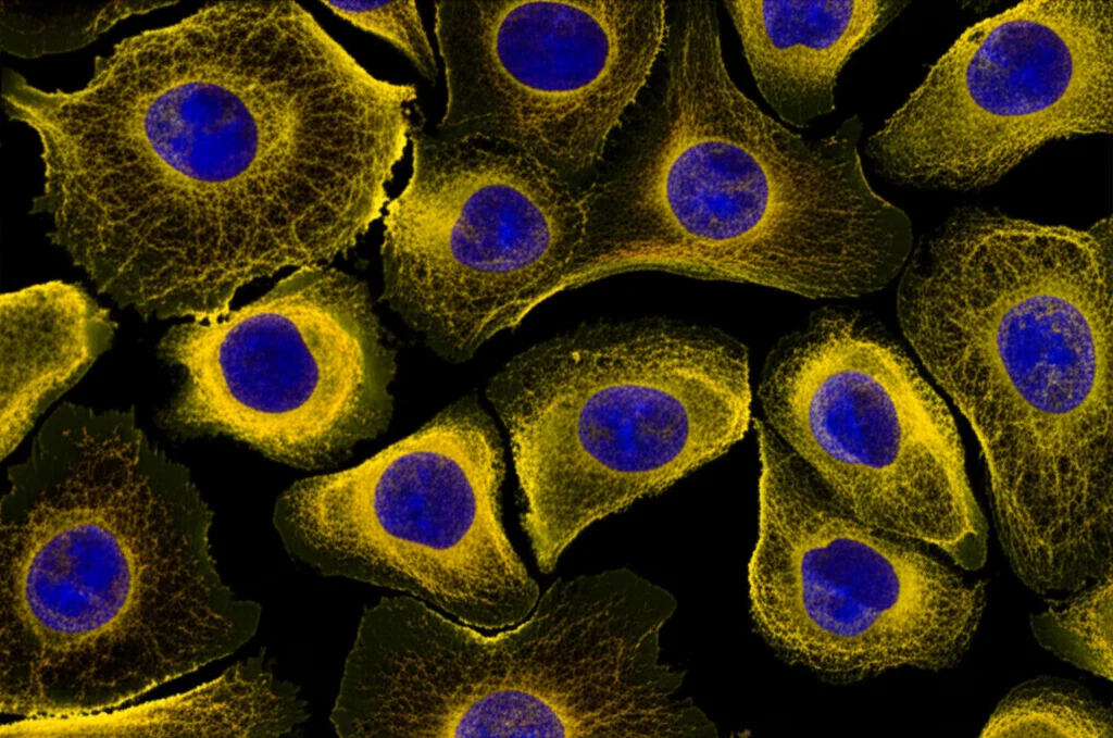 Immagine macro ad alta definizione di cellule tumorali del cancro al seno infiammatorio che interagiscono con macrofagi M2 all'interno del microambiente tumorale, illuminazione controllata per evidenziare le strutture cellulari e la proteina AXL, obiettivo macro 100mm, high detail, precise focusing.