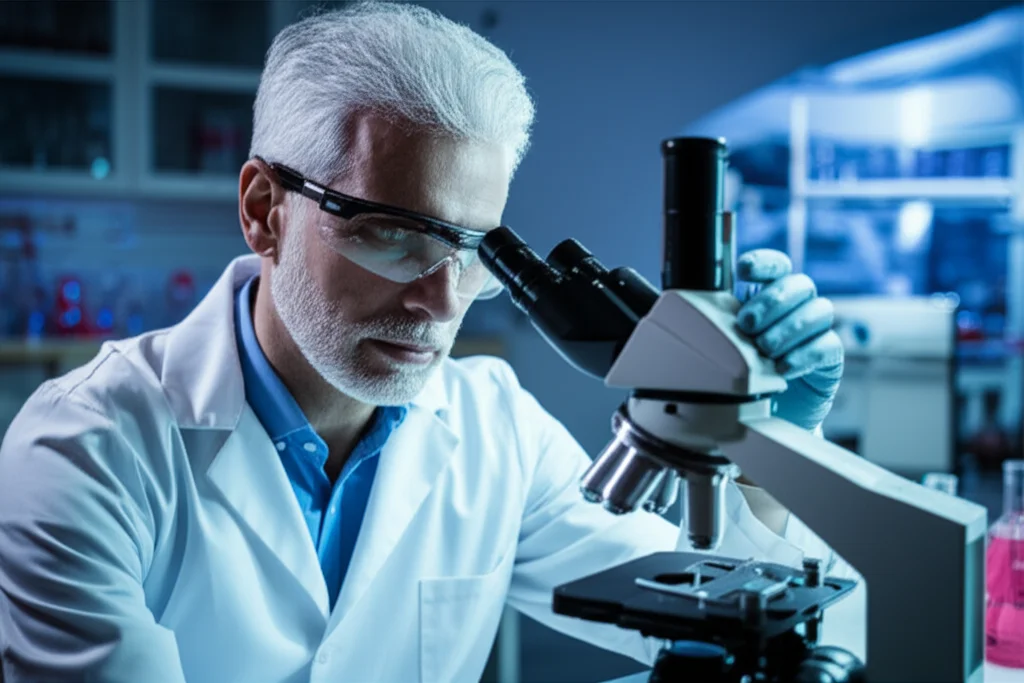 Un ricercatore in un laboratorio moderno osserva al microscopio campioni di tessuto tumorale mammario trattati con un inibitore di AXL, con un'espressione concentrata e speranzosa. Ritratto con obiettivo da 35mm, profondità di campo per sfocare lo sfondo del laboratorio, toni blu e grigi per un'atmosfera scientifica e riflessiva, film noir style.