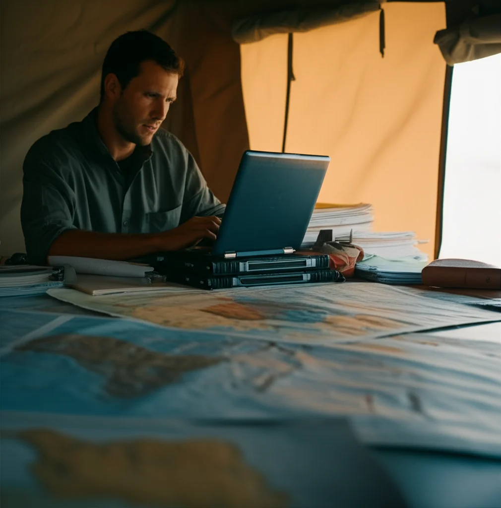 Un ricercatore in un ufficio temporaneo allestito in una tenda da safari, circondato da mappe dell'Africa e pile di documenti, mentre inserisce dati su un laptop robusto. Prime lens, 35mm, depth of field, luce naturale che filtra dalla tela della tenda.