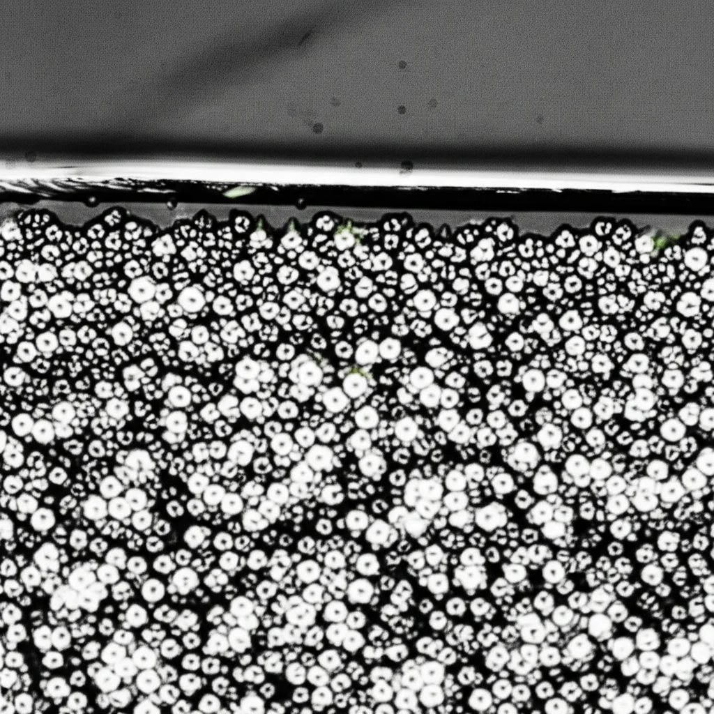 Immagine macro di un fotoelettrodo a base di perovskite (Cl:FAPbI3) con uno strato di trasporto di elettroni in ossido di stagno (Cl:SnO2), che mostra l'interfaccia tra i materiali. Macro lens, 100mm, high detail, precise focusing, controlled lighting, texture dei cristalli di perovskite visibile.